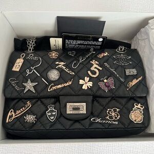 CHANEL Lucky Charms 2.55 225 Black Reissue Classic Flap w/Pearl/Strass FULL SET